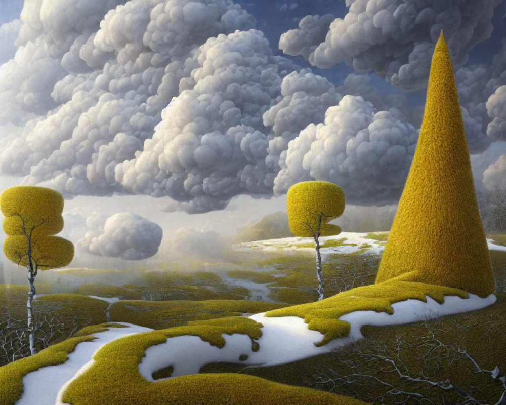 Exaggerated cumulus clouds over surreal landscape with yellow hill