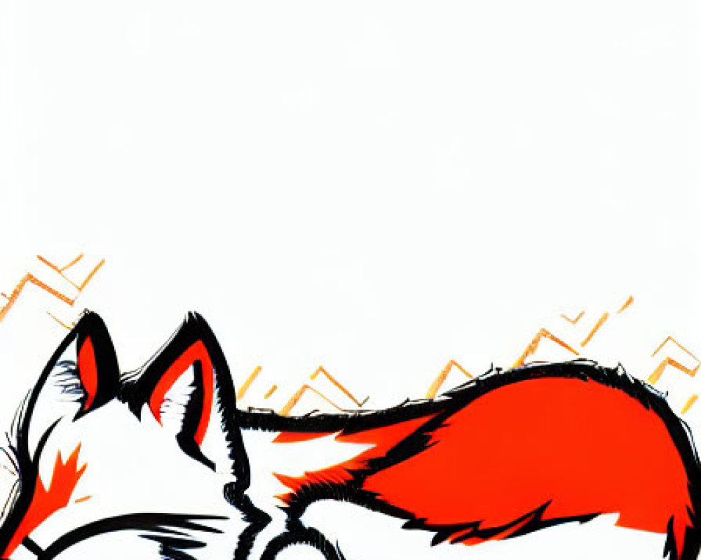 Stylized red and white fox illustration on white background with abstract orange shapes