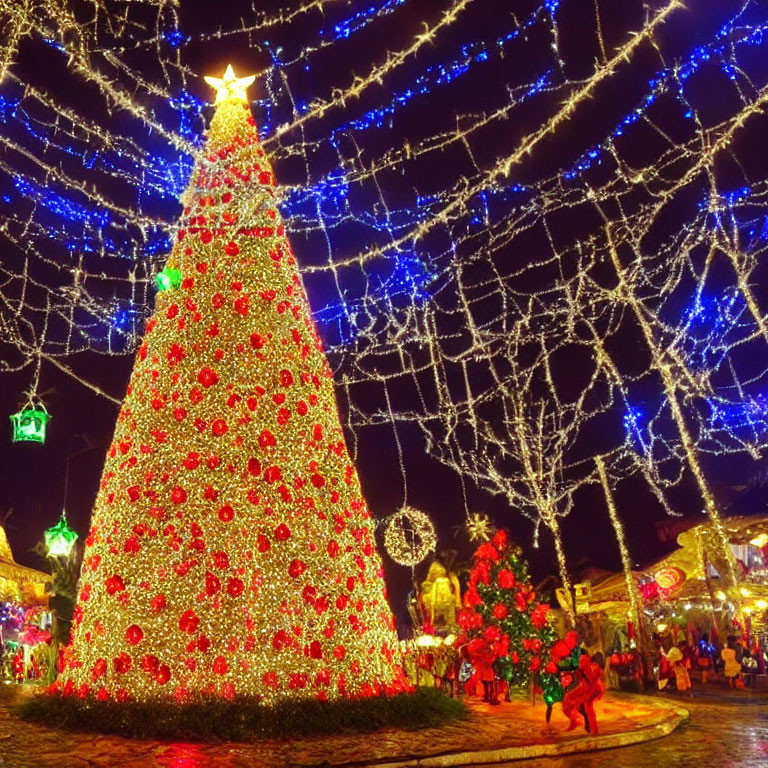 Festive Christmas tree with red ornaments and golden star in blue light