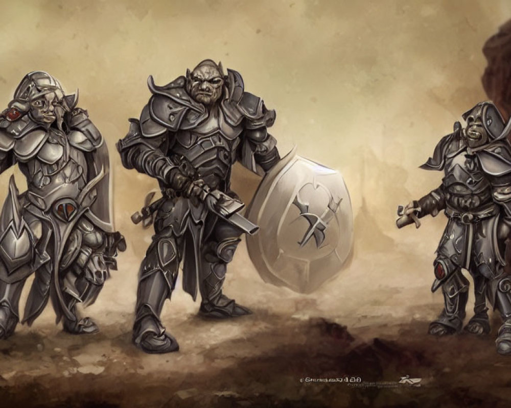 Three Fantasy Warriors in Heavy Armor with Medieval Weapons in Barren Landscape