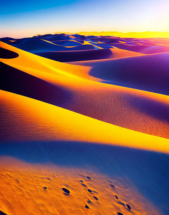 Majestic golden sand dunes at sunrise or sunset under a blue sky