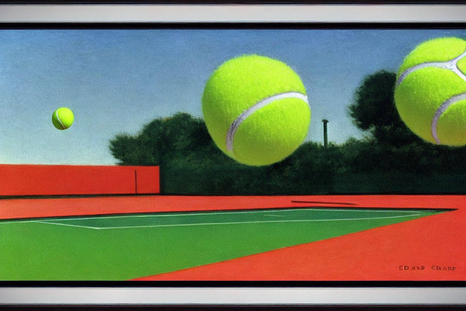 Three Oversized Tennis Balls in Motion Above Tennis Court