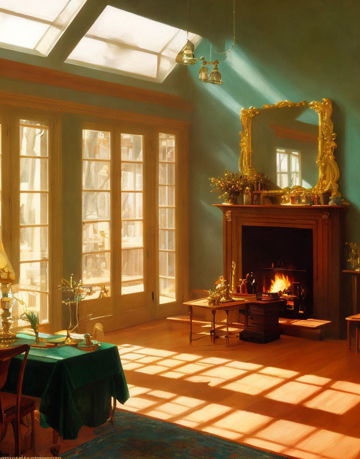 Sunlit Room with Lit Fireplace and French Doors for Two diners