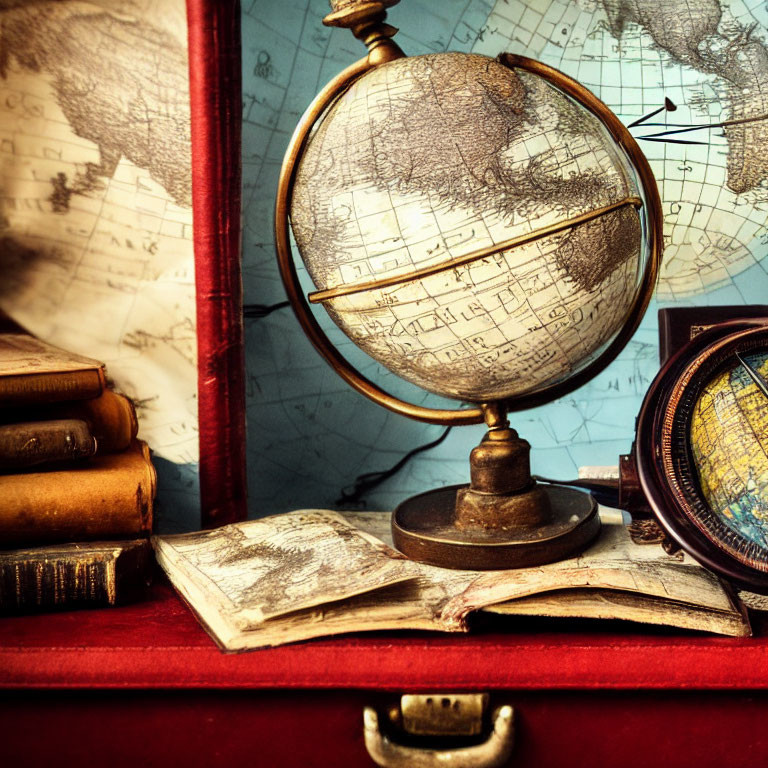 Vintage Desk Setup with Classic Globe, Stacked Books, Open Map, and Map Background