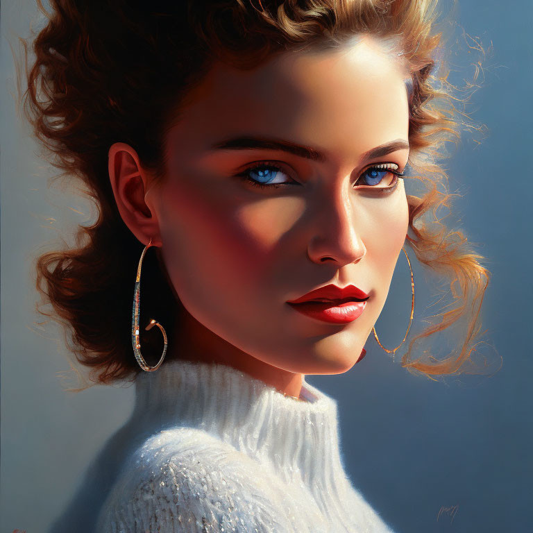 Portrait of woman with curly hair, blue eyes, hoop earrings, white turtleneck in warm light