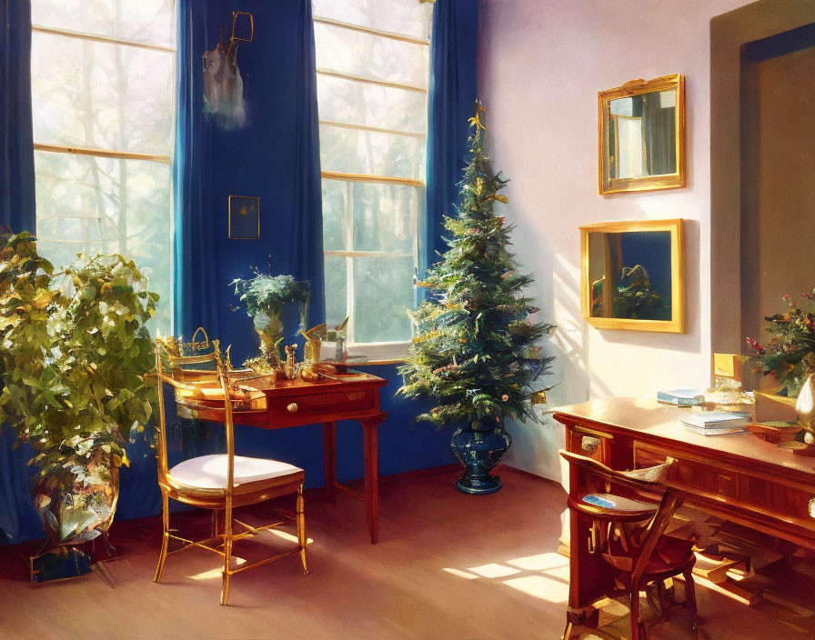Sunlit Christmas-themed room with tree, desk, chair, and paintings