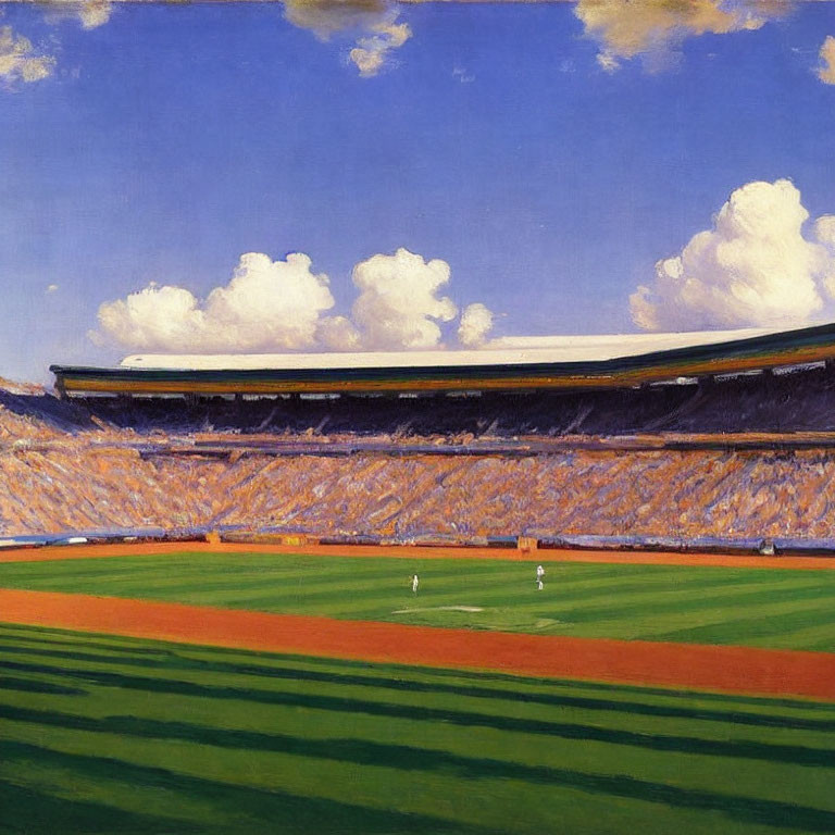 Colorful Baseball Stadium Painting with Spectators and Blue Sky
