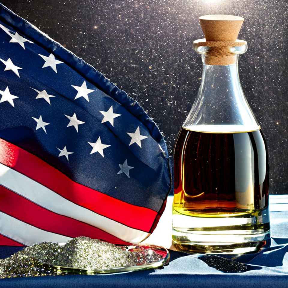 Bottle of syrup with cork, American flag, glitter shoes on starry backdrop