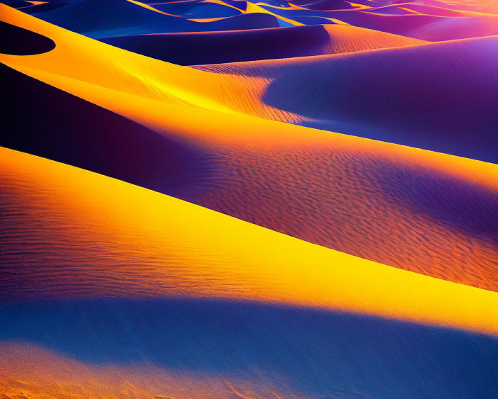 Majestic golden sand dunes at sunrise or sunset under a blue sky