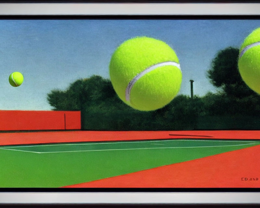 Three Oversized Tennis Balls in Motion Above Tennis Court