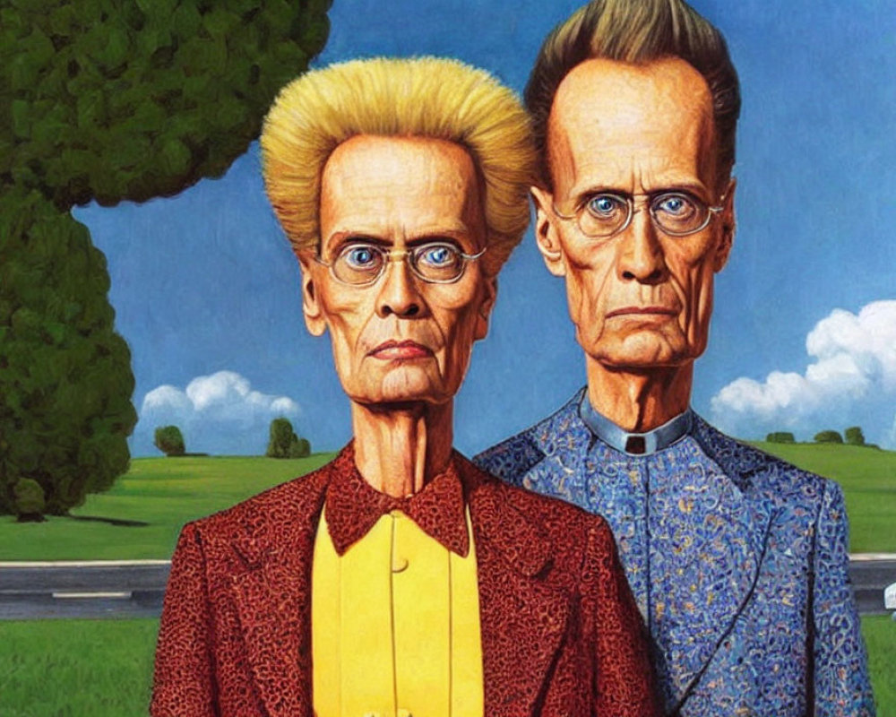 Exaggerated caricature of stern older couple in rural setting