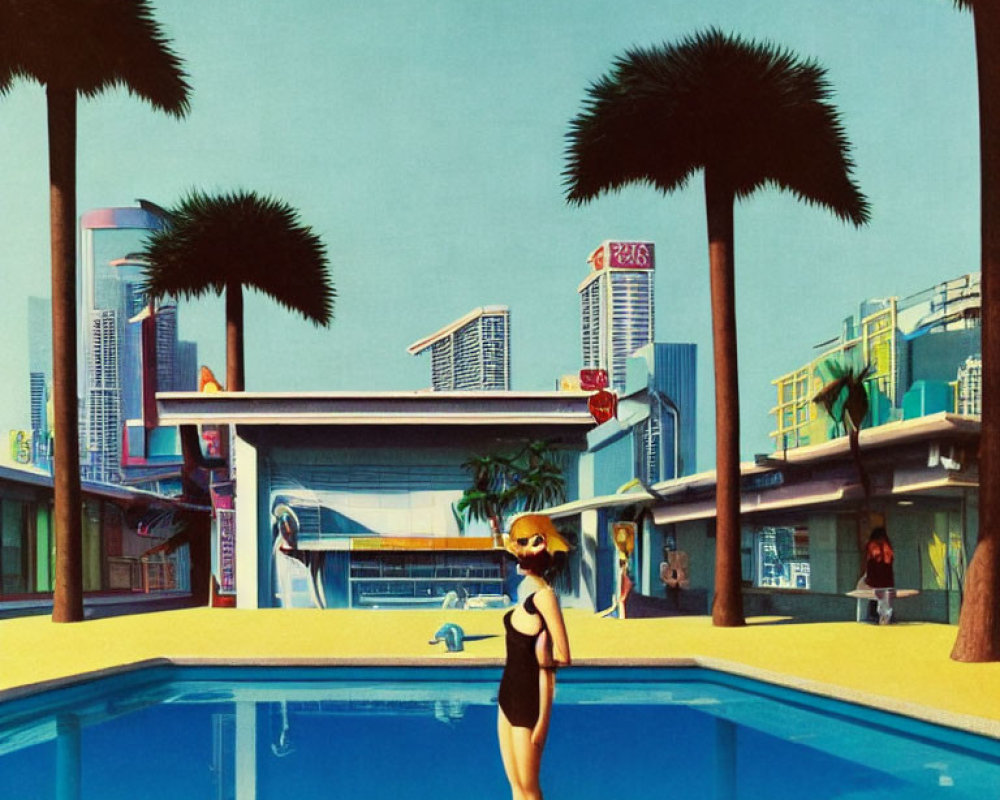 Woman in black swimsuit in surreal urban pool scene