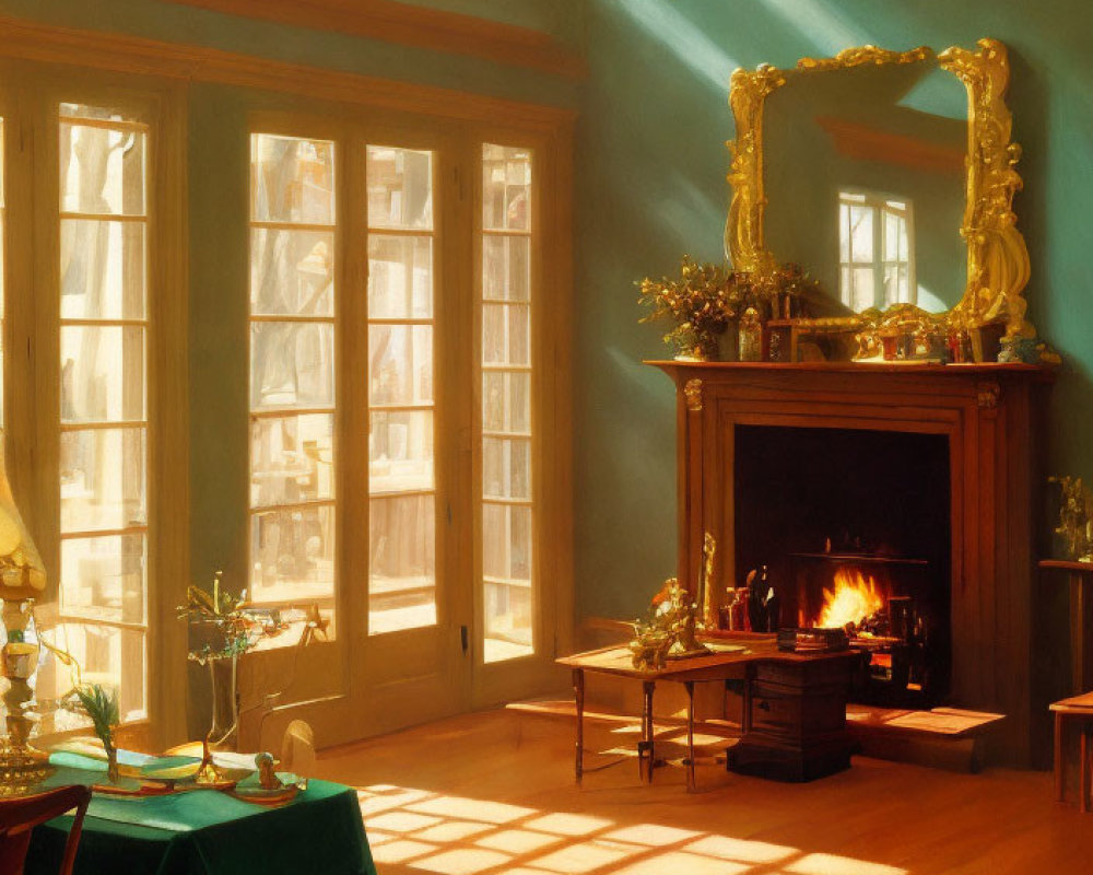 Sunlit Room with Lit Fireplace and French Doors for Two diners