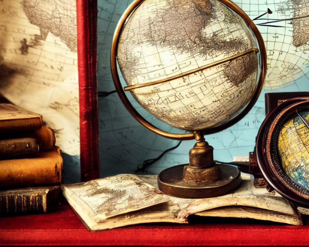 Vintage Desk Setup with Classic Globe, Stacked Books, Open Map, and Map Background