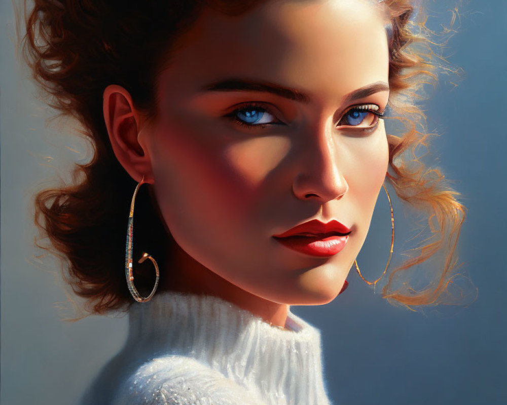 Portrait of woman with curly hair, blue eyes, hoop earrings, white turtleneck in warm light