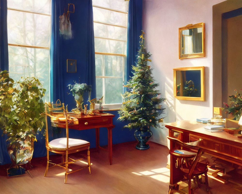 Sunlit Christmas-themed room with tree, desk, chair, and paintings