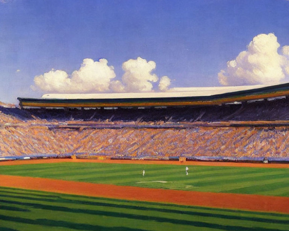 Colorful Baseball Stadium Painting with Spectators and Blue Sky