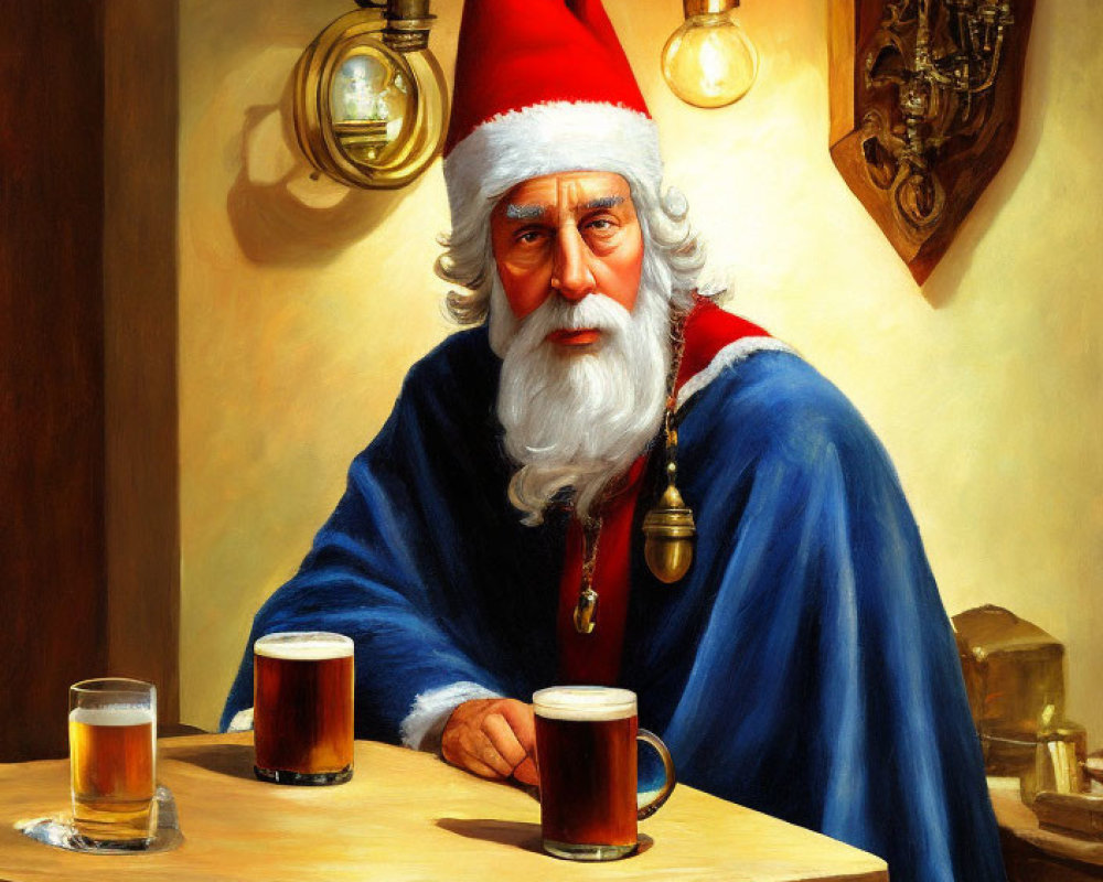 Santa Claus Painting with Beer Glasses on Wooden Table