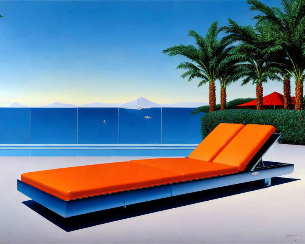 Vibrant Painting of Orange Sunbed by Blue Sea