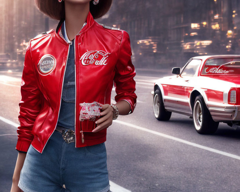 Woman in red Coca-Cola bomber jacket on city street with vintage car