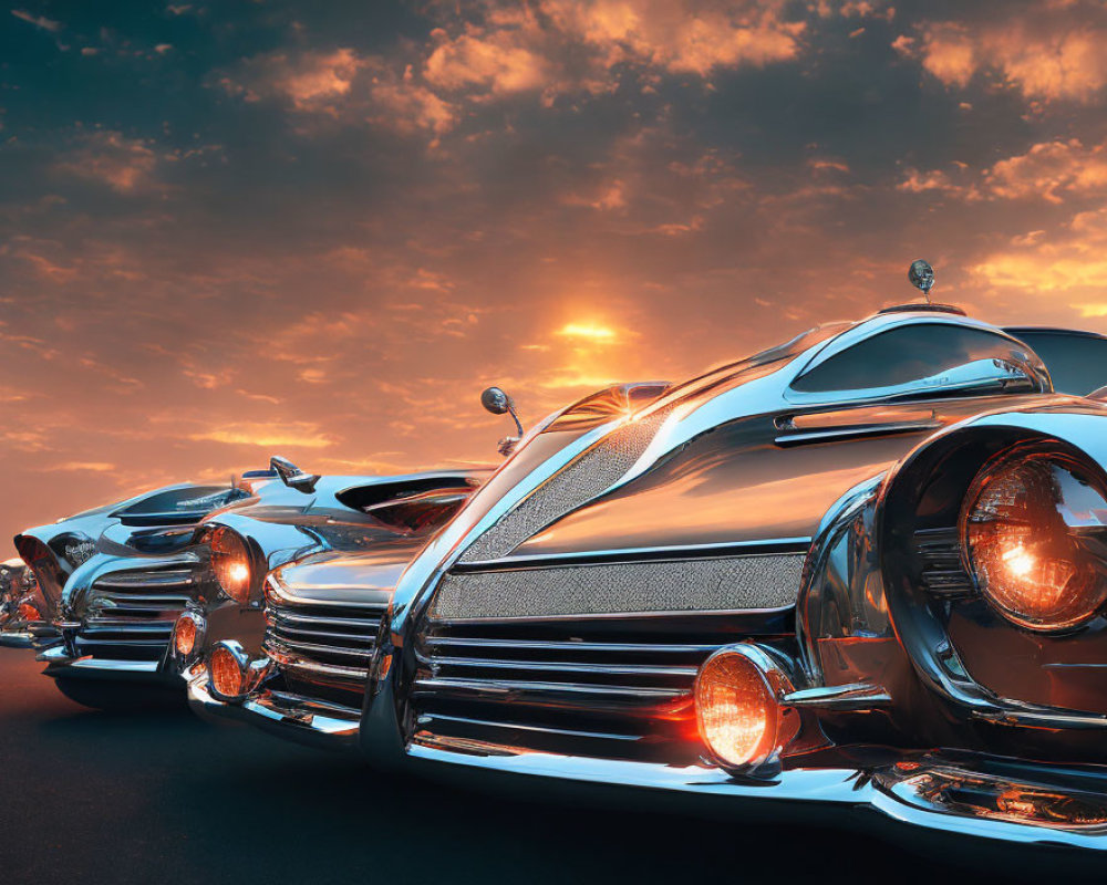 Classic Vintage Cars Displayed at Sunset with Shiny Chrome Details