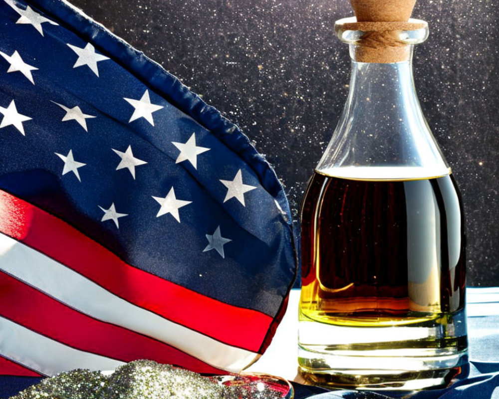 Bottle of syrup with cork, American flag, glitter shoes on starry backdrop