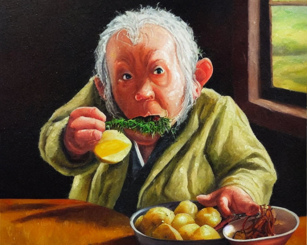Elderly Person Eating Greens and Potatoes at Wooden Table