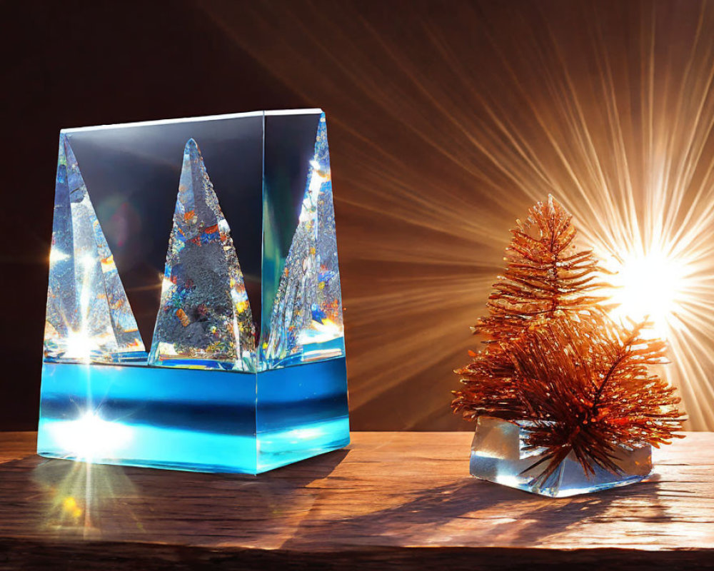 Crystal Mountain Sculpture and Metallic Red Tree Figurine on Wooden Surface