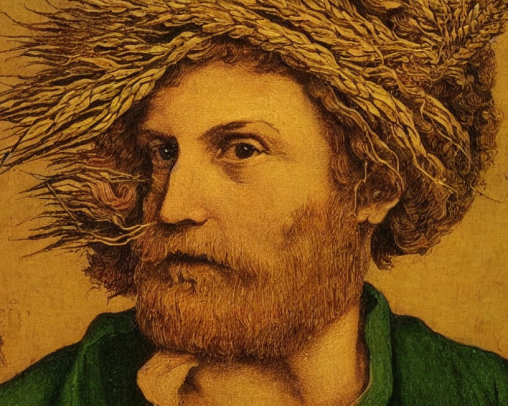 Man with Straw Hat and Reddish Hair in Green Garment on Yellow Background