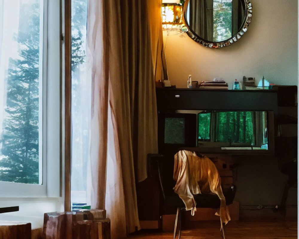 Warmly lit room with mirror, sheer curtains, forest view, and chair with draped sweater