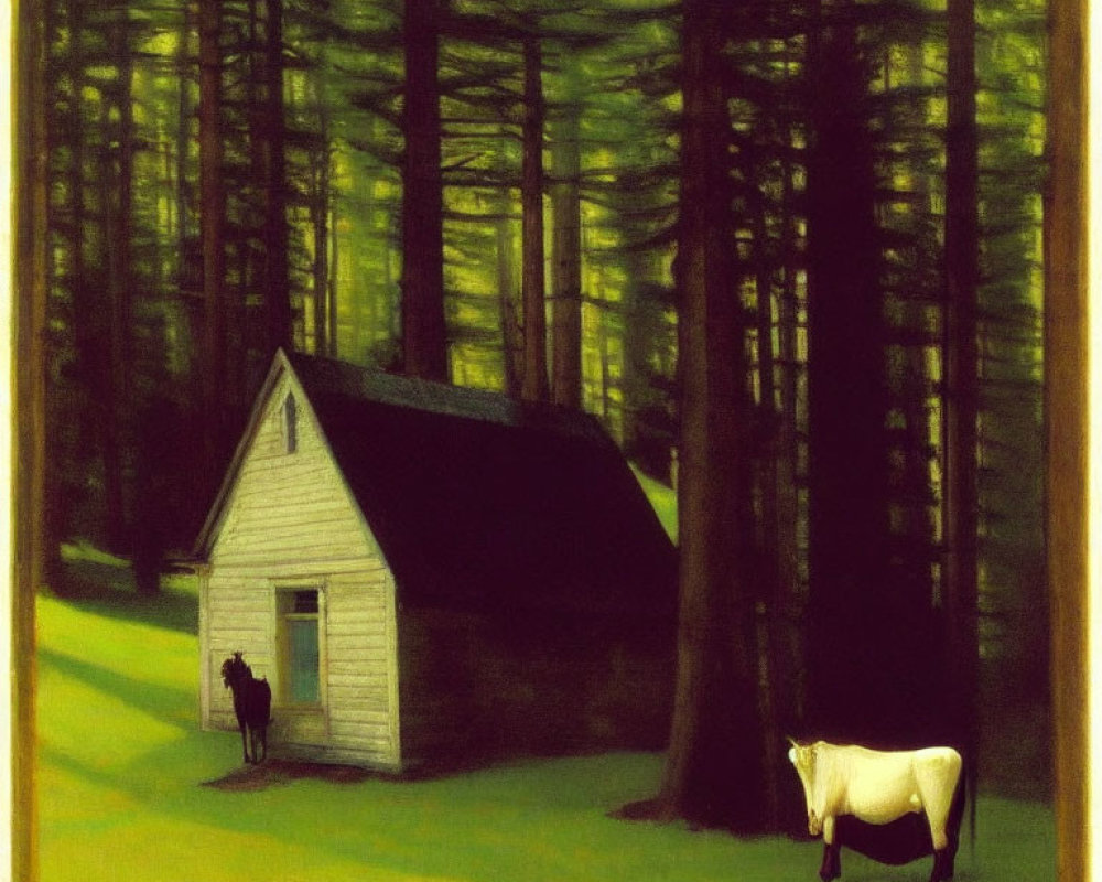 White House and Cow in Forest Clearing Painting with Tall Trees