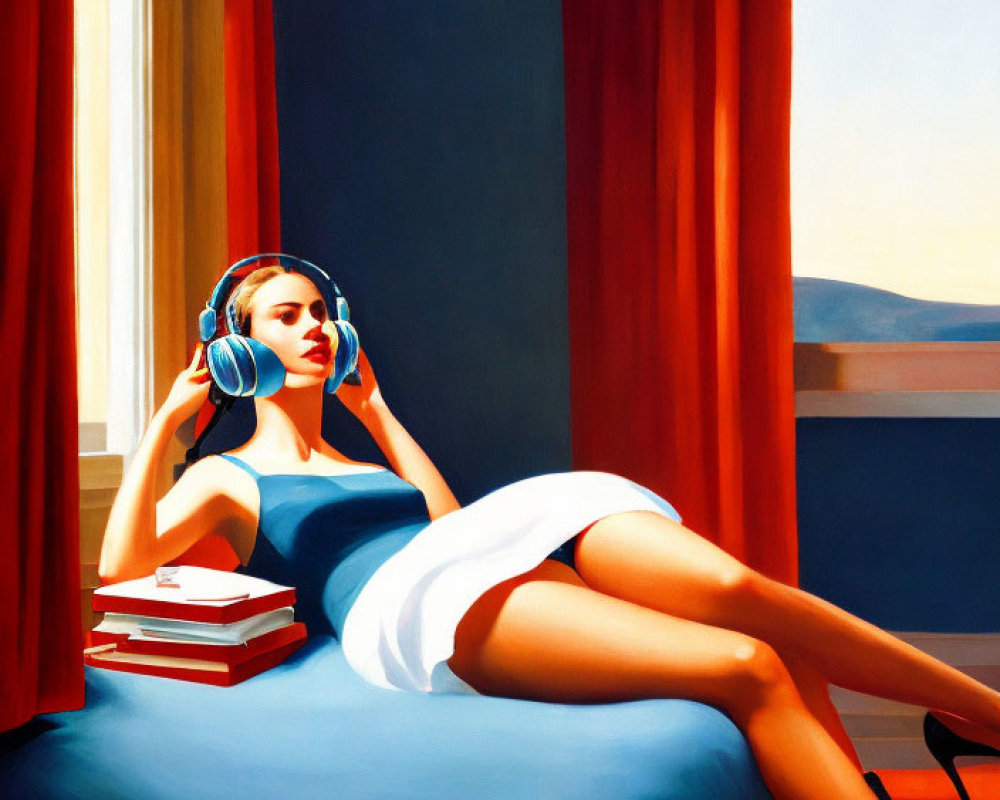 Woman lounging on blue sofa by window with headphones, red curtains, scenic view, and stack of