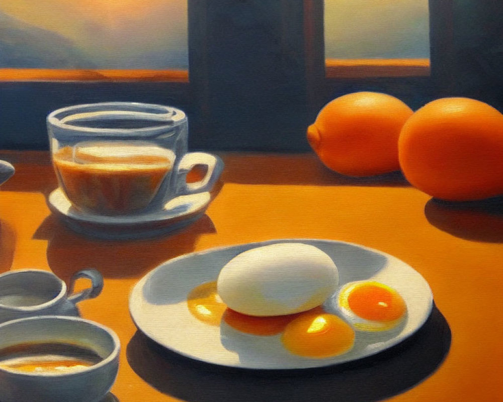 Breakfast Still Life Painting with Eggs, Oranges, Coffee, and Condiments