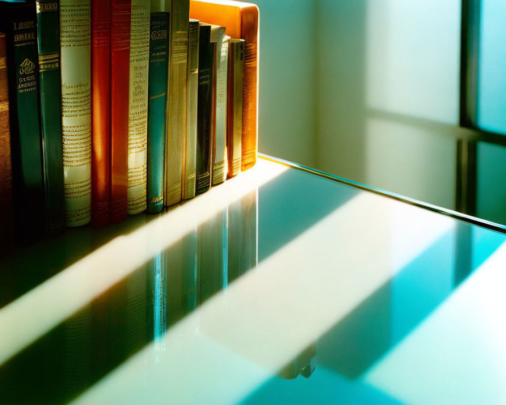 Row of Books Casting Shadow on Glossy Table Surface in Sunlight