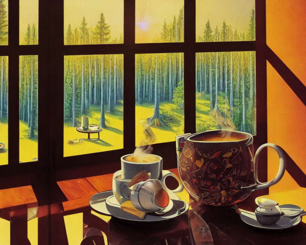 Autumn-themed coffee cups on windowsill overlooking forest