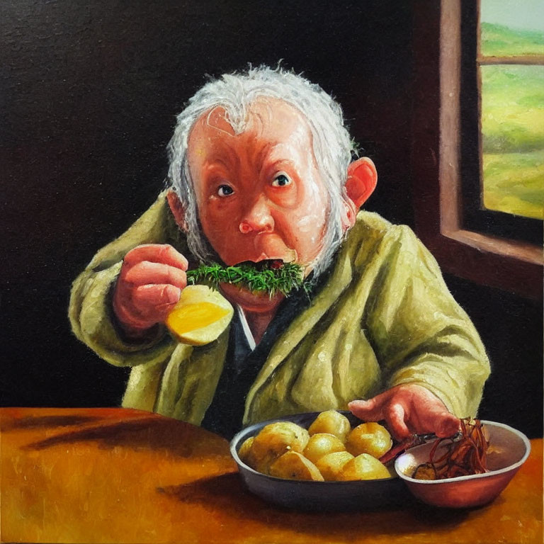 Elderly Person Eating Greens and Potatoes at Wooden Table
