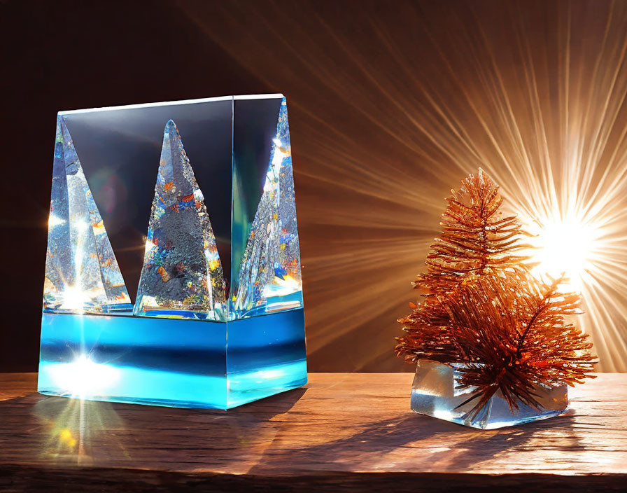 Crystal Mountain Sculpture and Metallic Red Tree Figurine on Wooden Surface