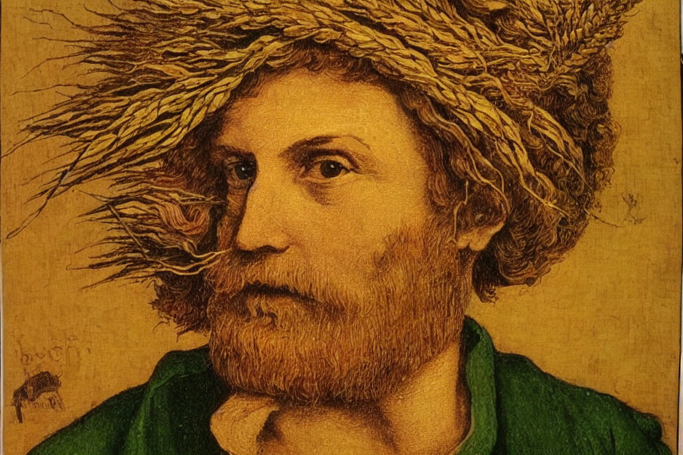 Man with Straw Hat and Reddish Hair in Green Garment on Yellow Background