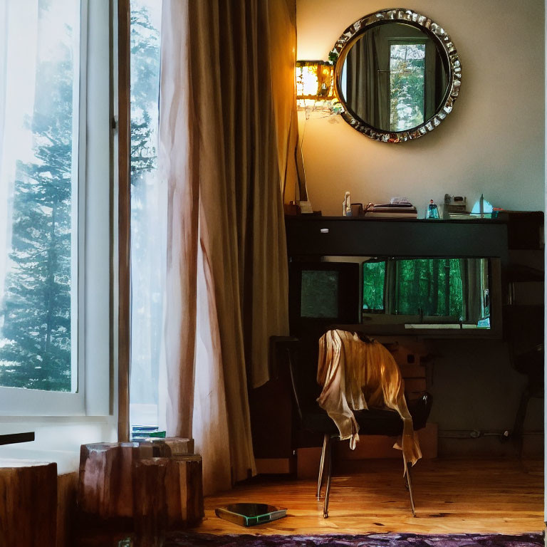 Warmly lit room with mirror, sheer curtains, forest view, and chair with draped sweater