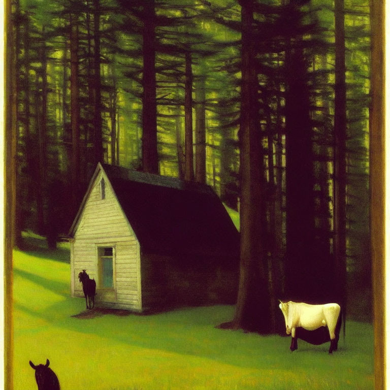 White House and Cow in Forest Clearing Painting with Tall Trees