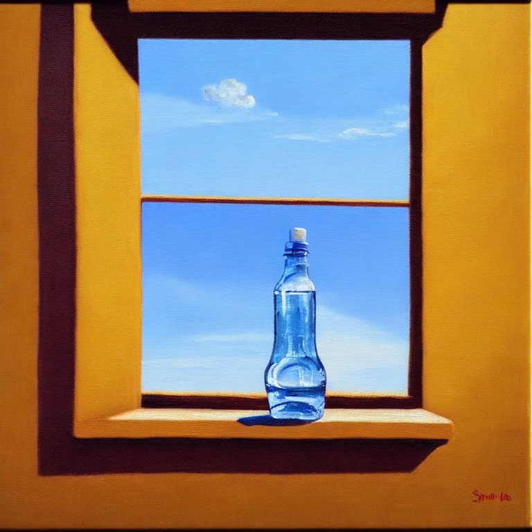 Transparent water bottle on yellow windowsill under blue sky.