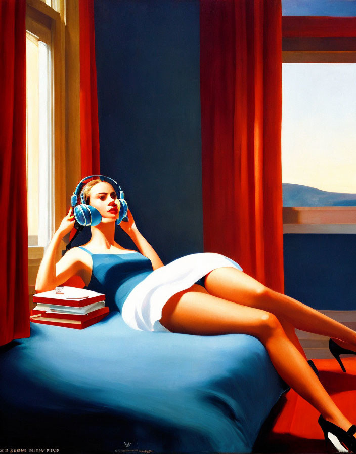 Woman lounging on blue sofa by window with headphones, red curtains, scenic view, and stack of