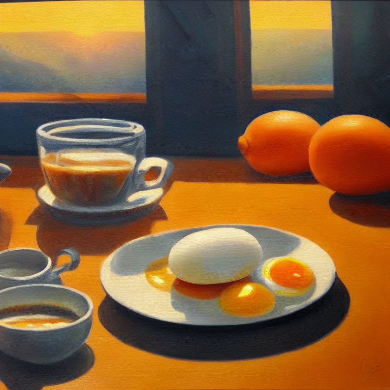 Breakfast Still Life Painting with Eggs, Oranges, Coffee, and Condiments