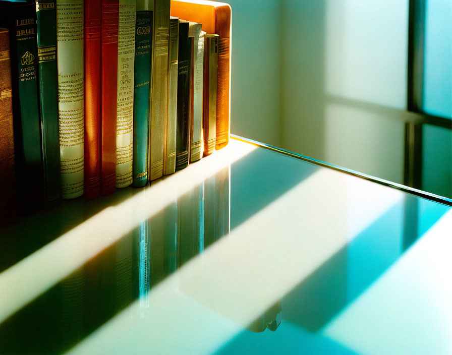 Row of Books Casting Shadow on Glossy Table Surface in Sunlight