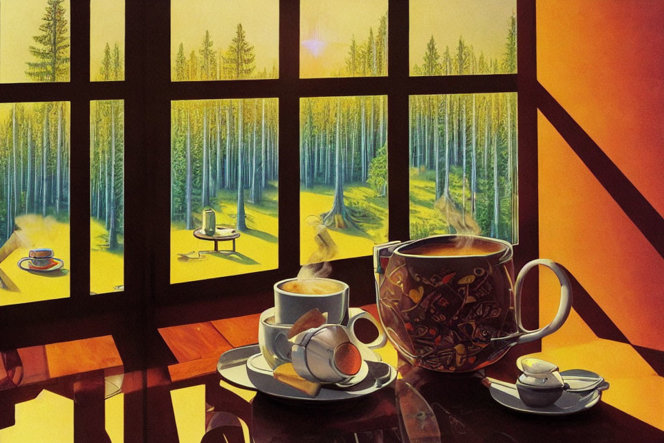 Autumn-themed coffee cups on windowsill overlooking forest