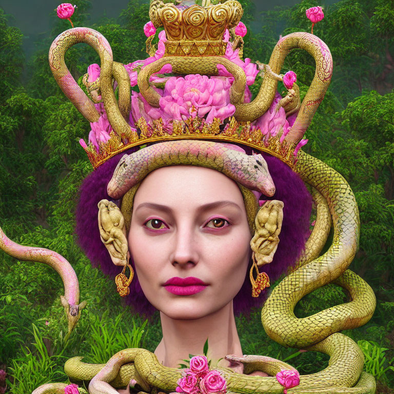 Regal woman with serpent crown and pink roses on green foliage background