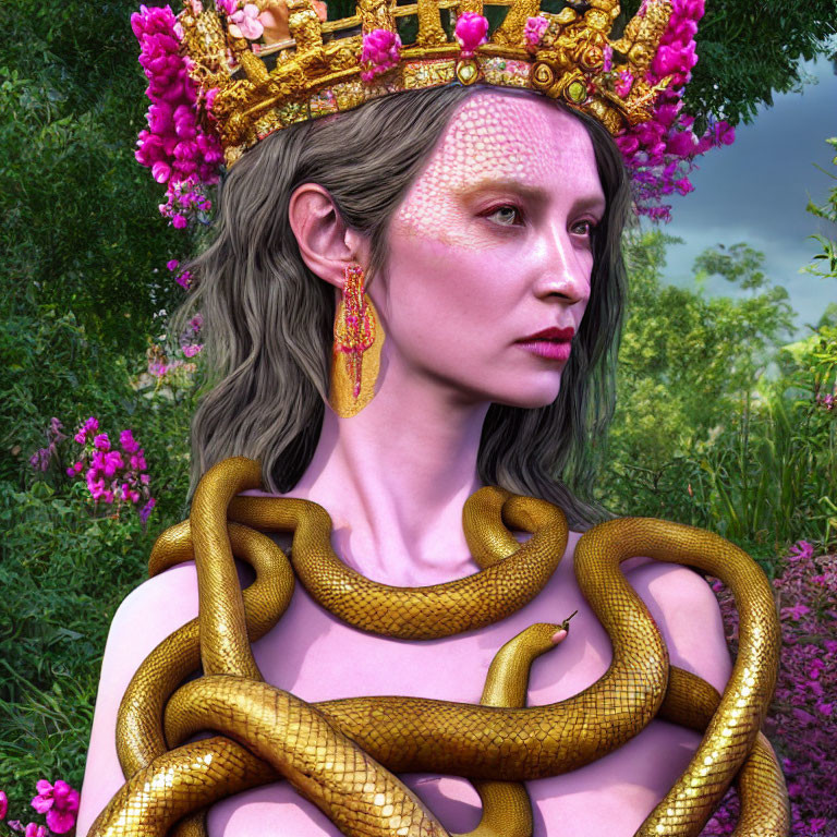 Fantastical woman with reptilian skin and golden snake crown in lush greenery