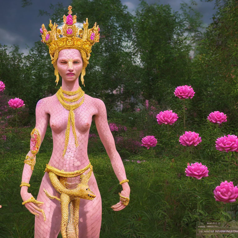 Pink reptilian female figure with golden jewelry and crown among pink flowers under cloudy sky