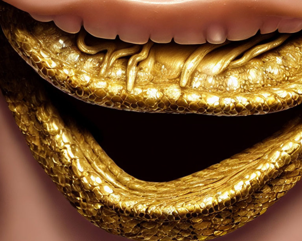 Detailed view: Mouth with golden teeth and gums on flesh-toned backdrop