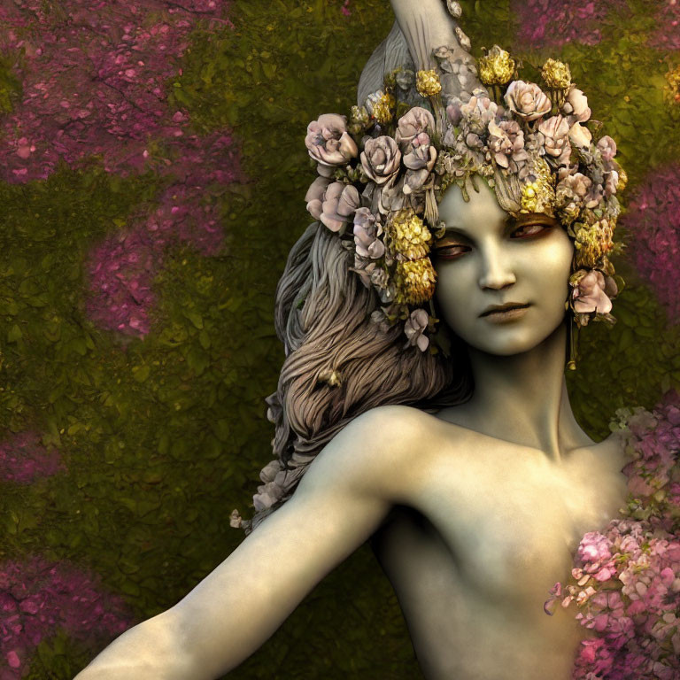 Fantasy portrait: Green-skinned person with floral crown on mossy backdrop